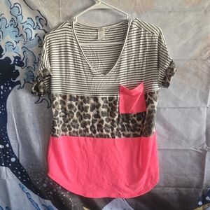 Striped and Leopard Print Top with Pink Accent
